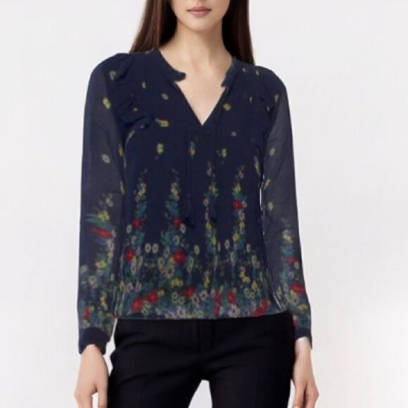 Sea New York Silk V-Neck Top Blue Floral Size 8 - Picture 1 of 12